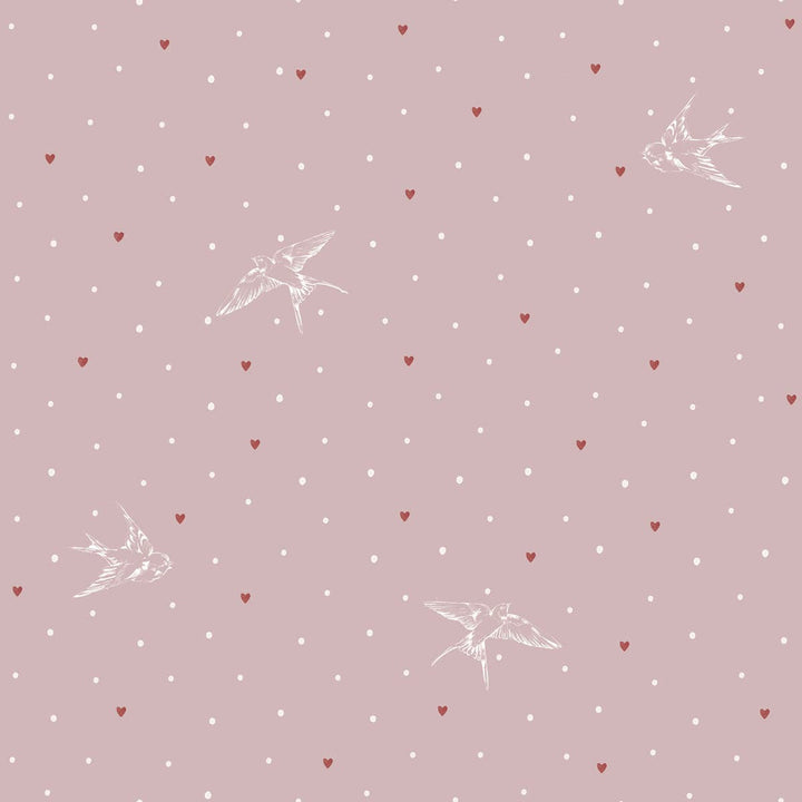 Pink patterned background with white birds and red hearts on a pink background