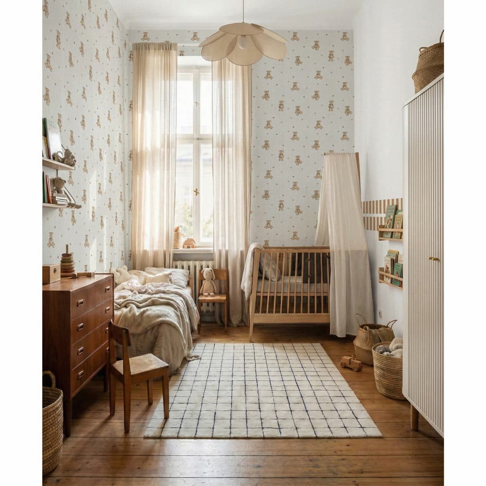 Nursery room with wooden crib, dresser, and decorative elements.