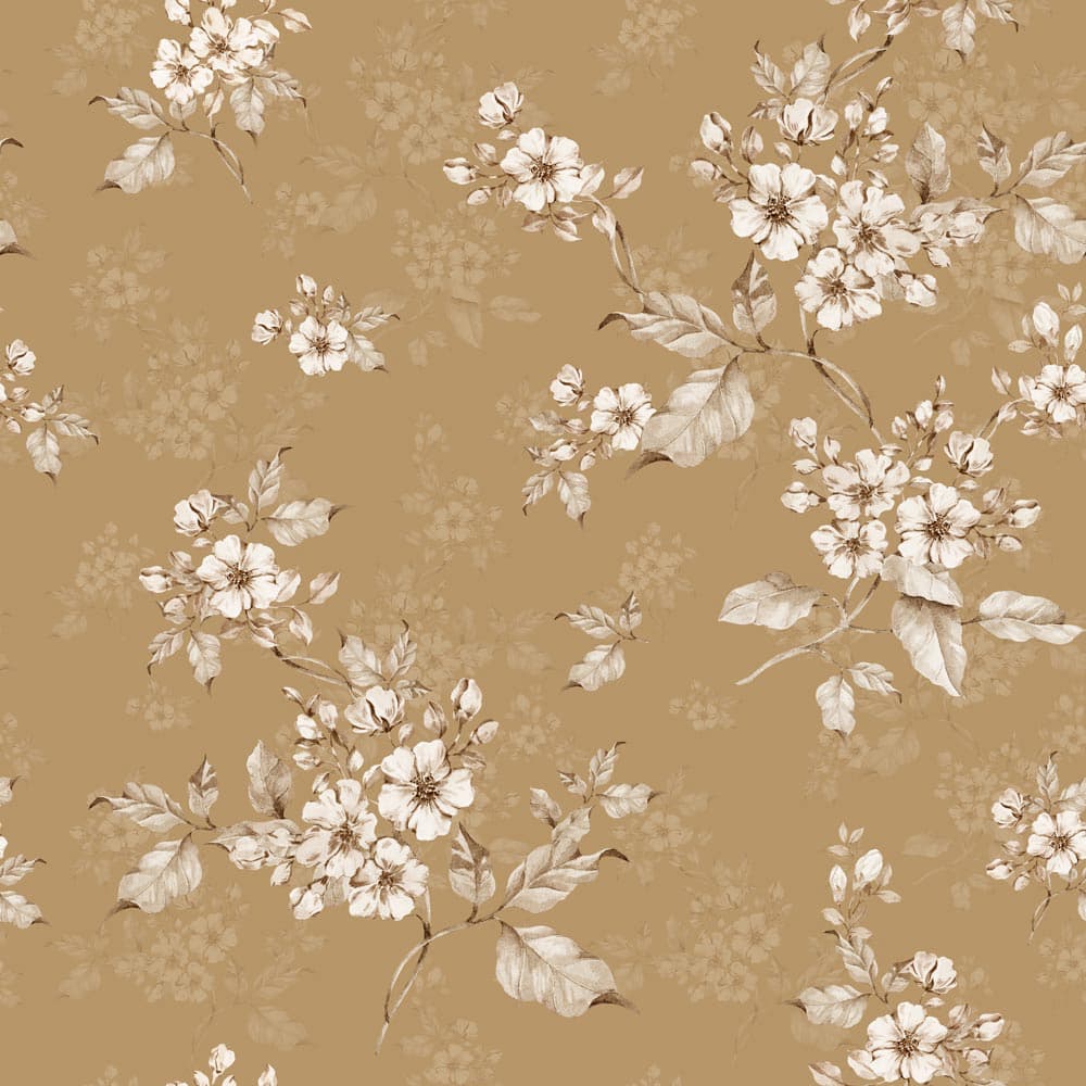 Floral pattern with white flowers and leaves on a beige background