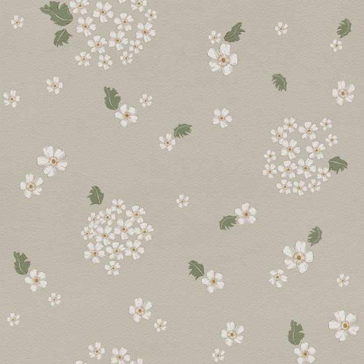 Floral wallpaper pattern with white flowers and green leaves on a beige background