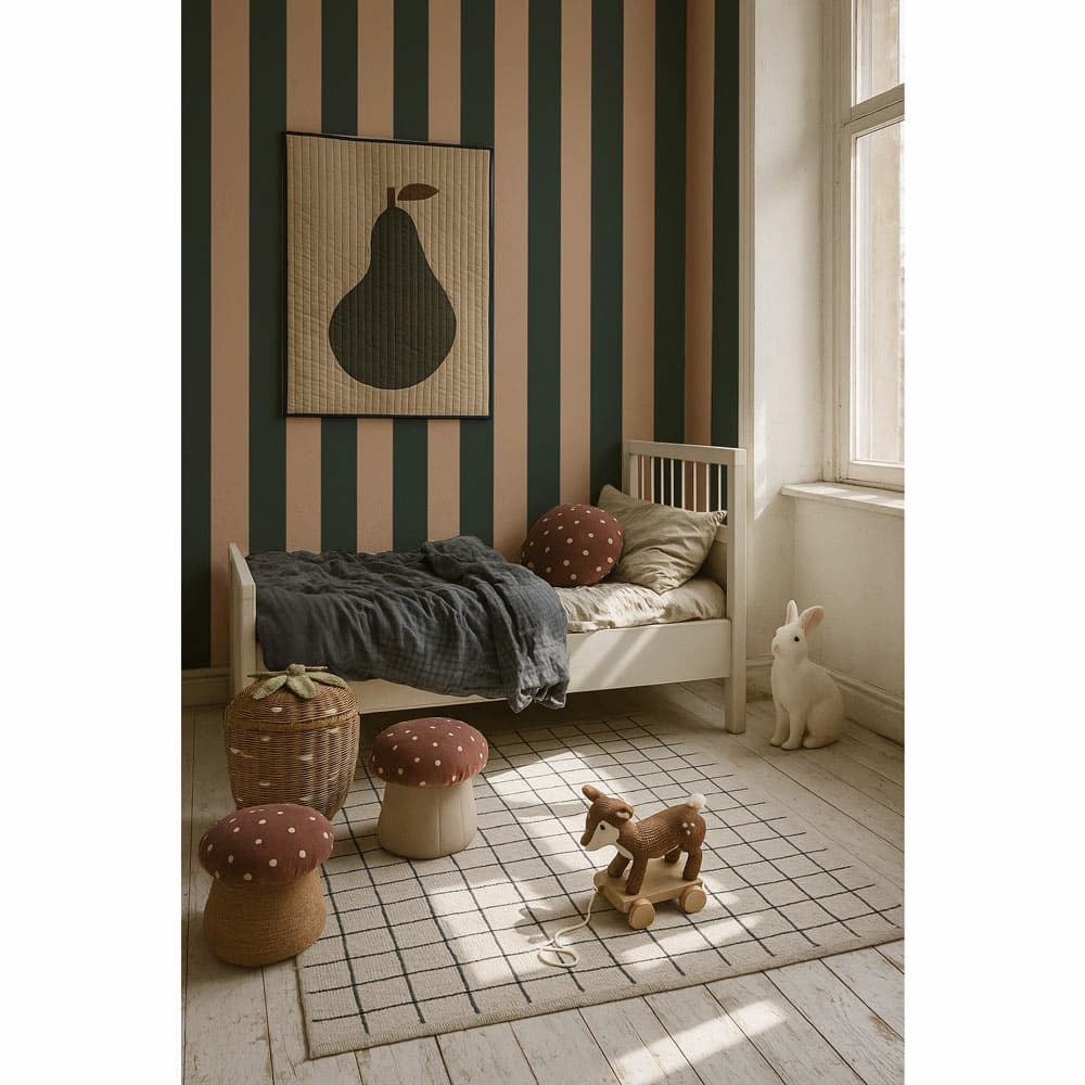 Children's room with striped walls, bed, and toys on a checkered floor.