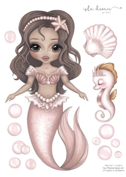 Isla Dream Prints Arista The Mermaid, Seahorse, Shell & Bubbles Wall Decals