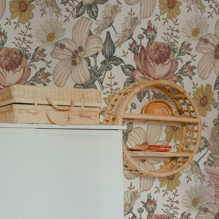 Dekornik Australian Summer Wallpaper on wall with rattan shelf