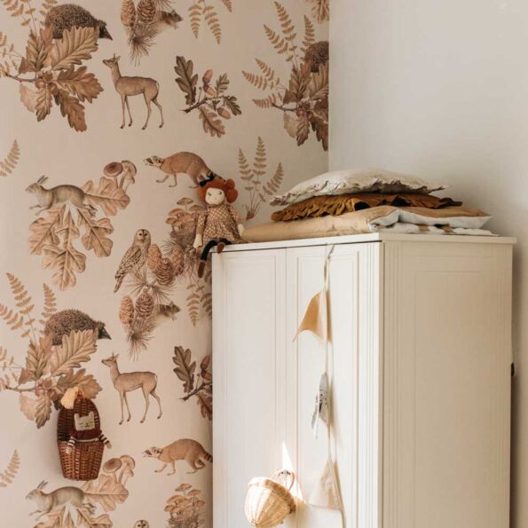 Dekornik Autumn Forest With Animals Wallpaper on wall with dresser