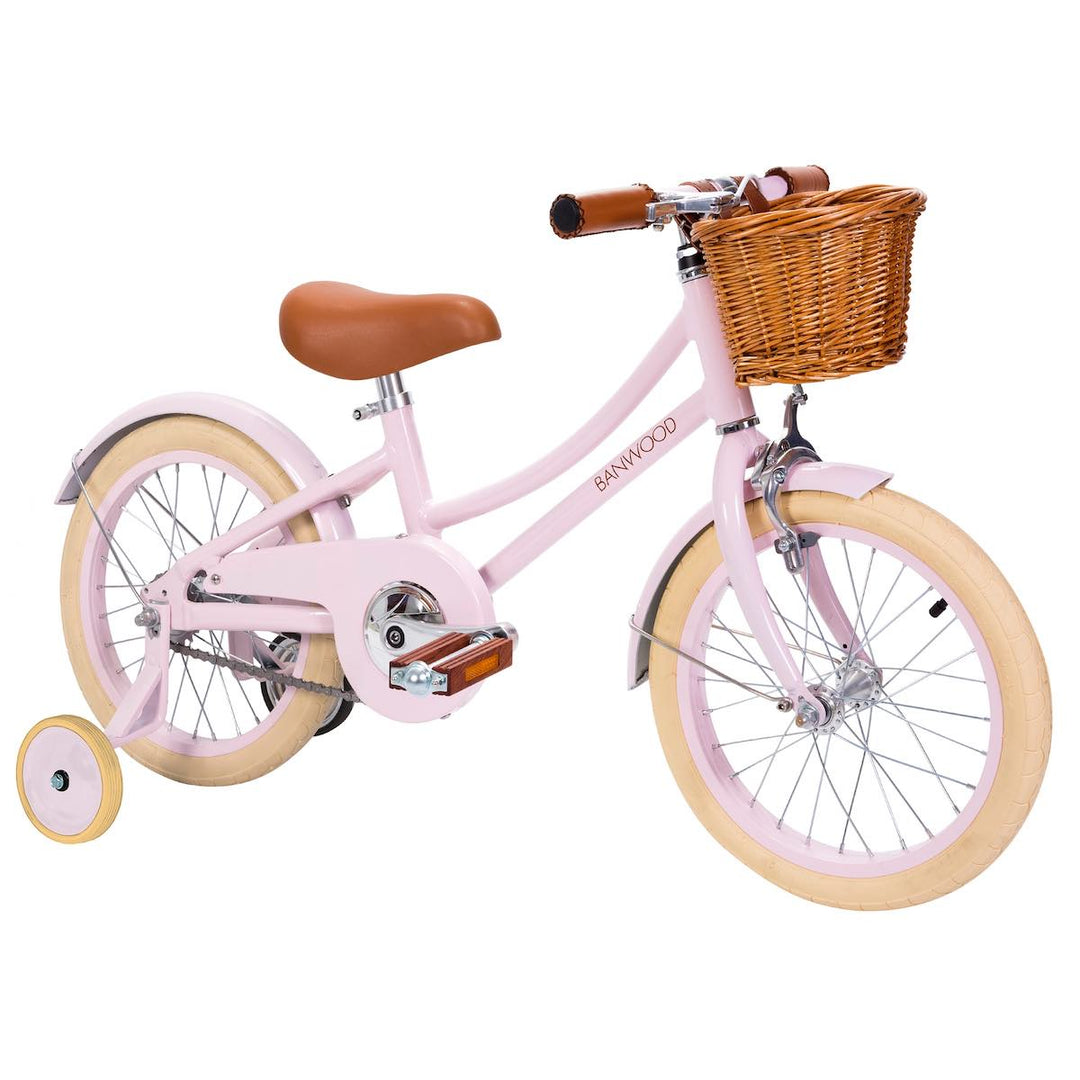 Pink Banwood Classic Bicycle with wicker basket and training wheels