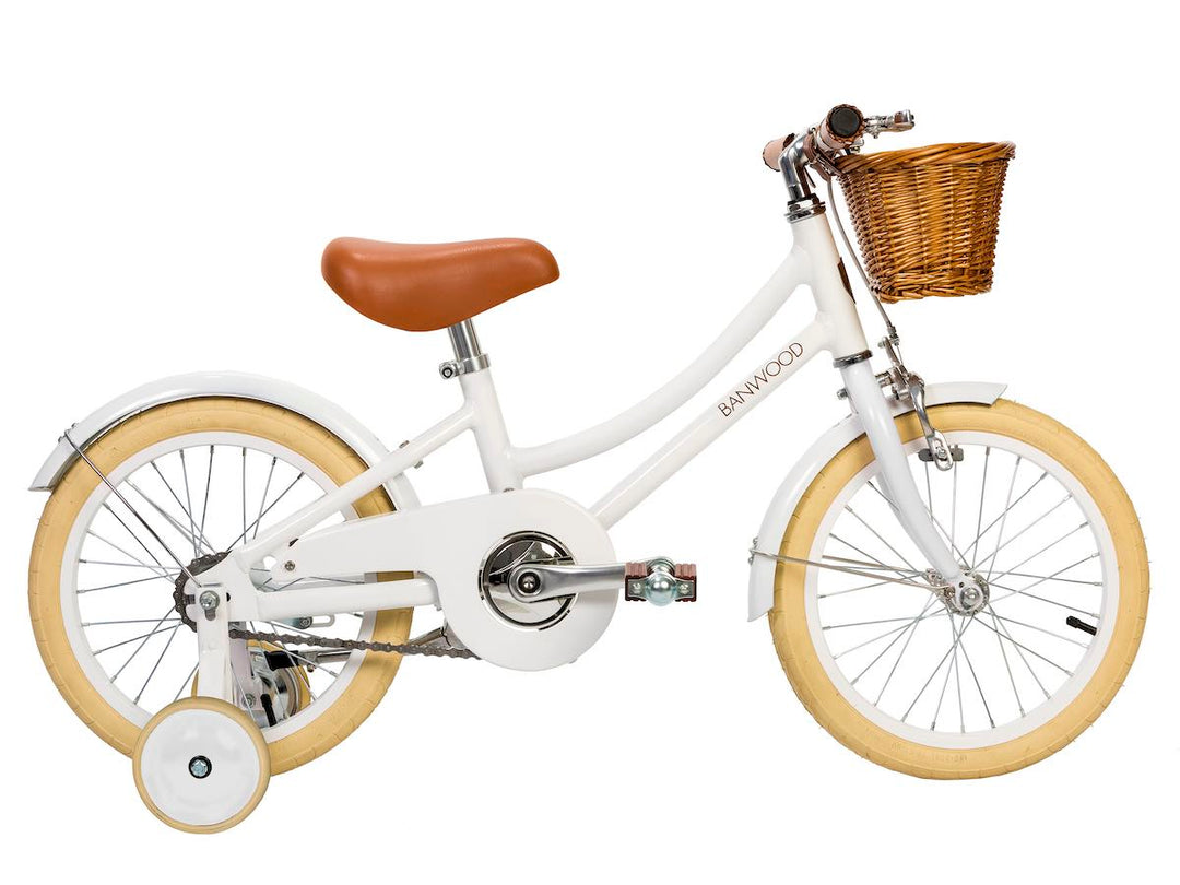 White Banwood Classic Bicycle with training wheels and wicker basket
