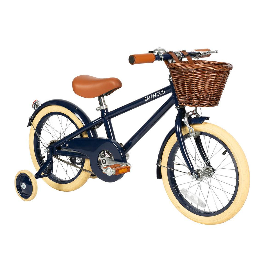 Navy Banwood Classic Bicycle with wicker basket and training wheels