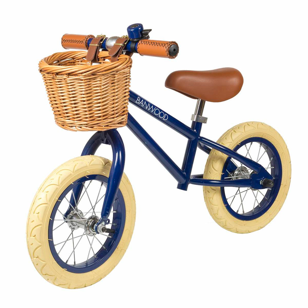 Navy Banwood First Go Balance Bike with wicker basket