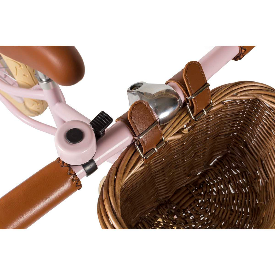 Pink Banwood First Go Balance Bike bell and wicker basket