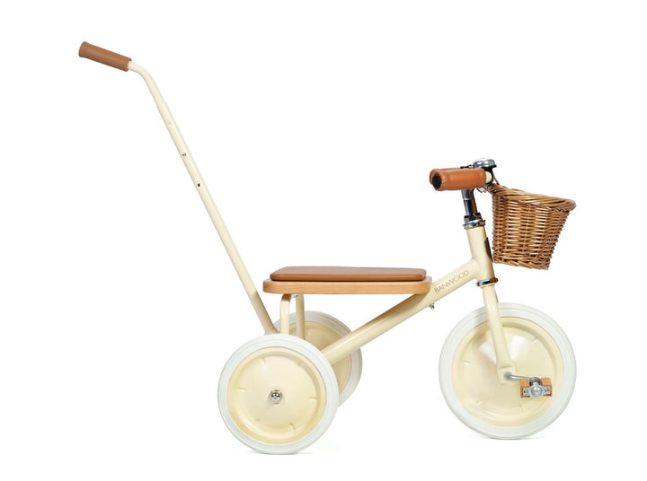 Cream Banwood Trike with wicker basket and push pole