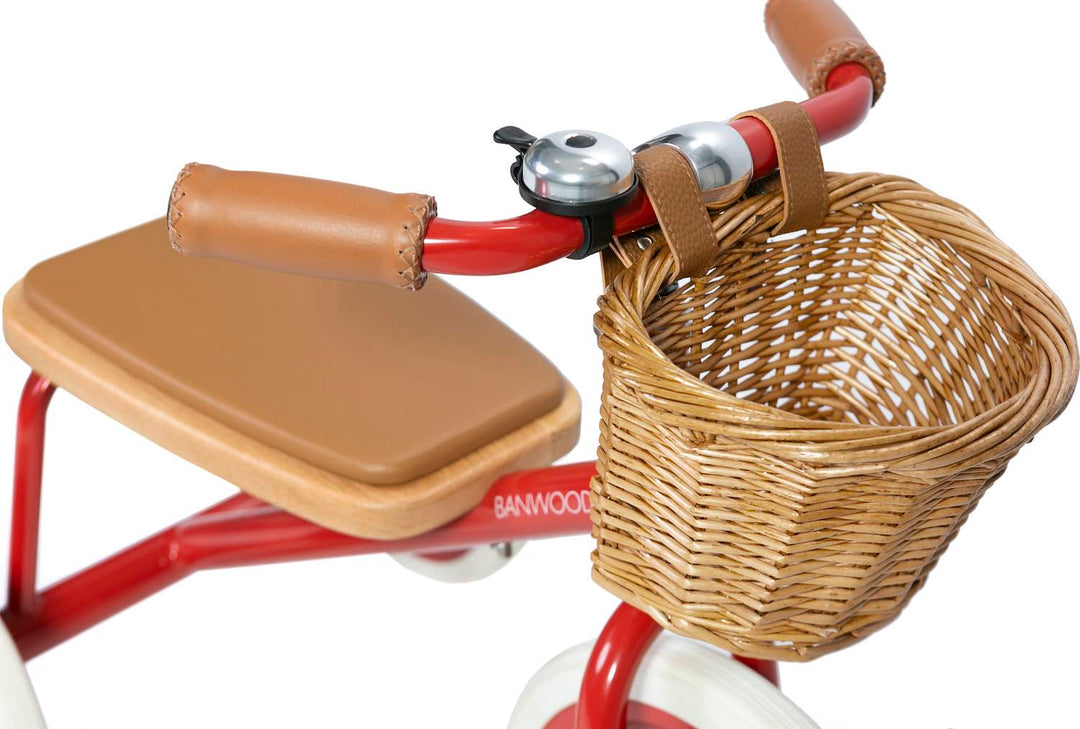 Red Banwood Trike handlebar, seat and wicker basket