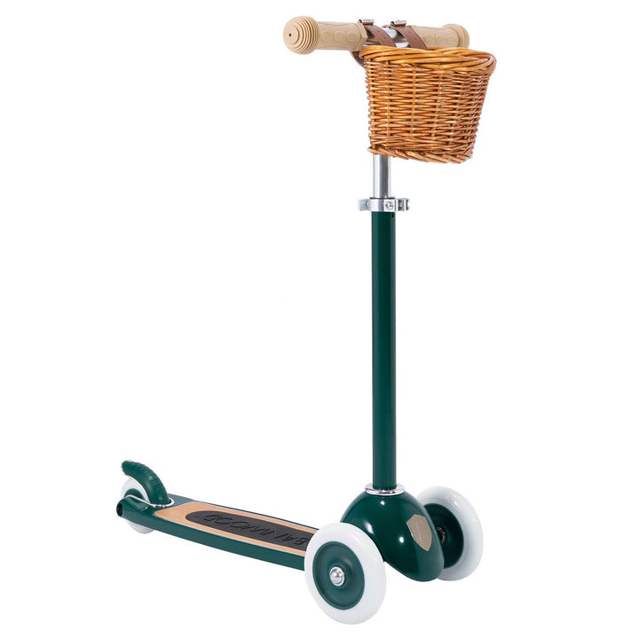 Green Banwood Scooter  with basket attached