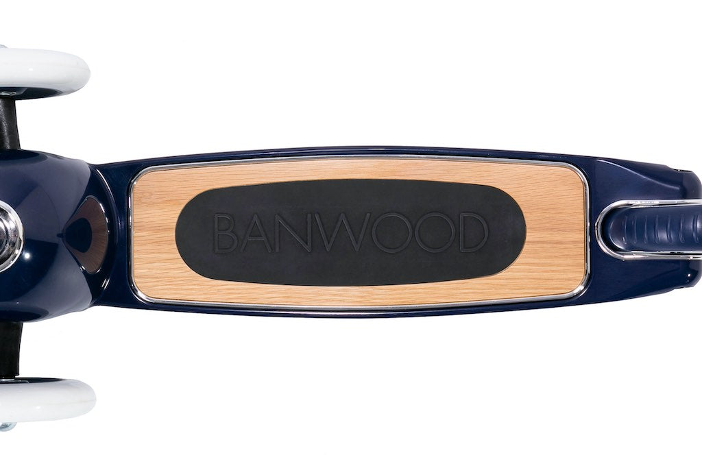 Top view of navy blue Banwood Scooter oak deck
