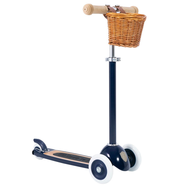 Navy Blue Banwood Scooter with basket attached