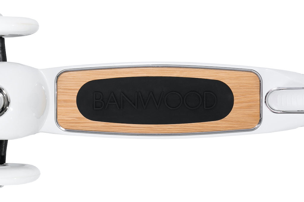 Top view of the white Banwood Scooter  oak deck