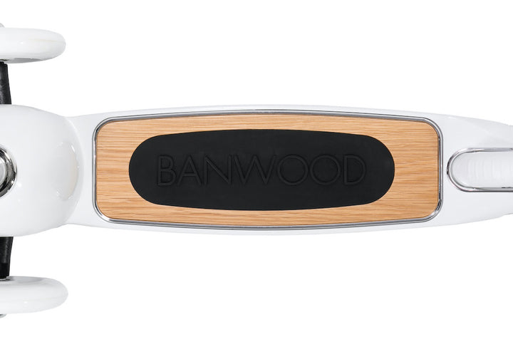 Top view of the white Banwood Scooter  oak deck