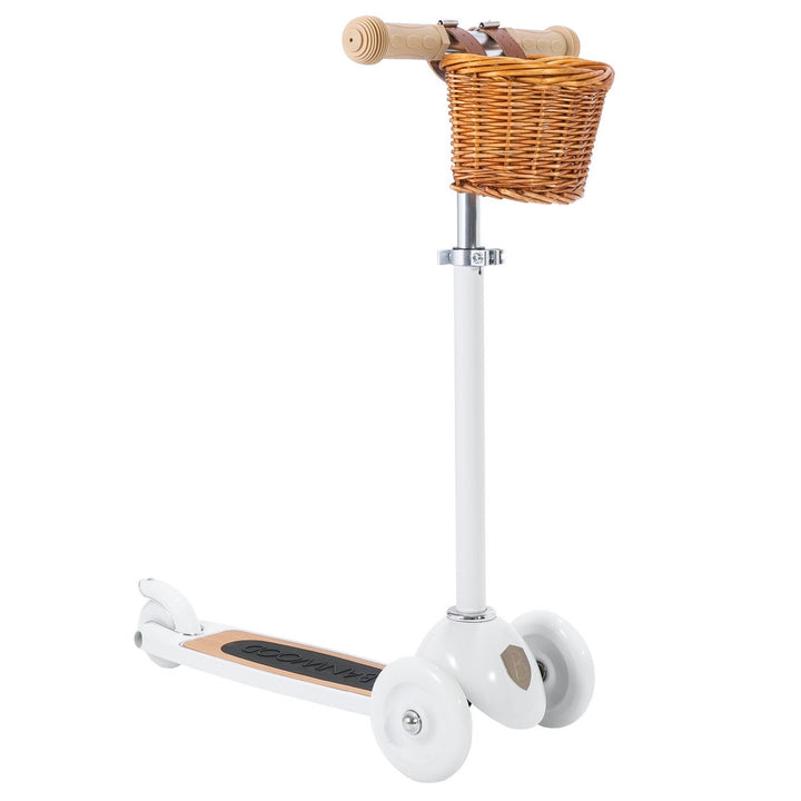 White Banwood Scooter with basket attached