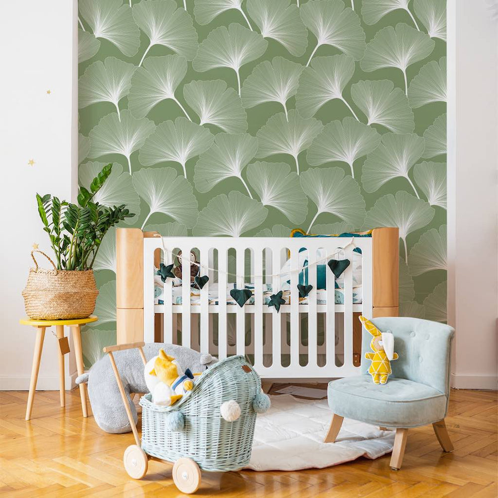 Dekornik CLASSIC Big Gingko Pattern Green Wallpaper on nursery accent wall