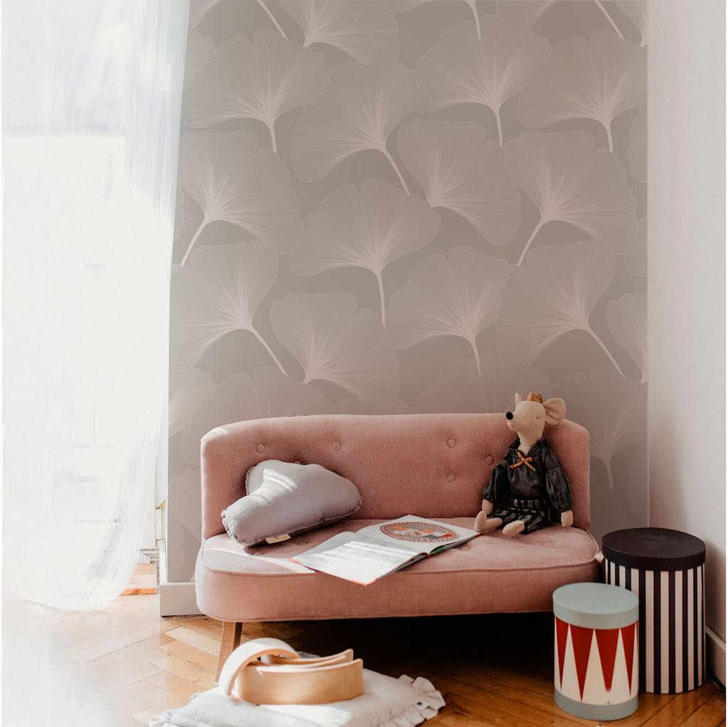 Dekornik CLASSIC Big Gingko Pattern Grey Wallpaper on playroom wall