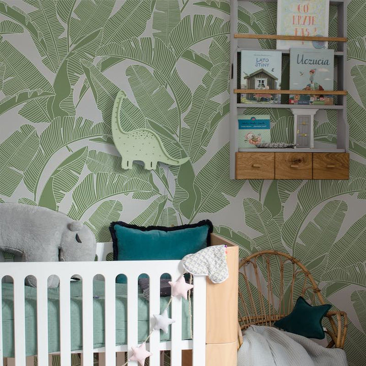 Dekornik CLASSIC Big Palm Leaves Green Grey Wallpaper on nursery wall