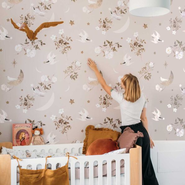 Dekornik Birds In The Night Sky Wallpaper on nursery wall