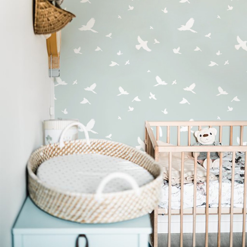 Dekornik SIMPLE Birds Light Blue Wallpaper on nursery wall