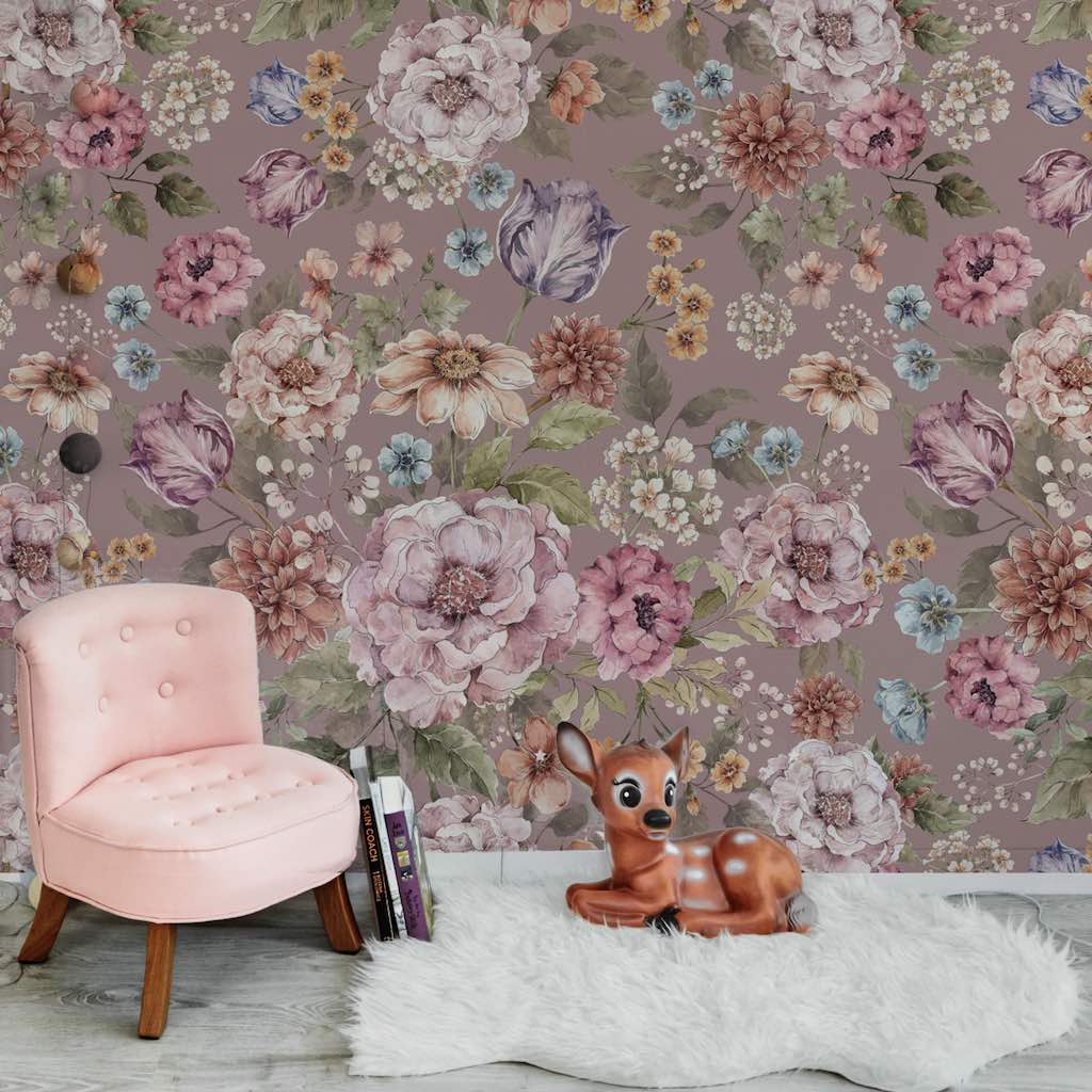 Dekornik Bouquet Of Flowers Lilac Wallpaper on bedroom wall