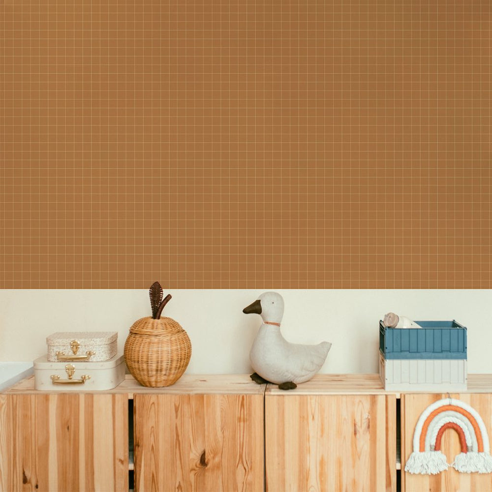 Dekornik SIMPLE Check Pattern Small Cinnamon Wallpaper on bedroom wall
