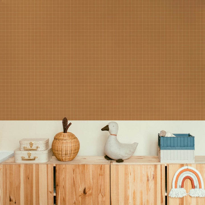 Dekornik SIMPLE Check Pattern Small Cinnamon Wallpaper on bedroom wall