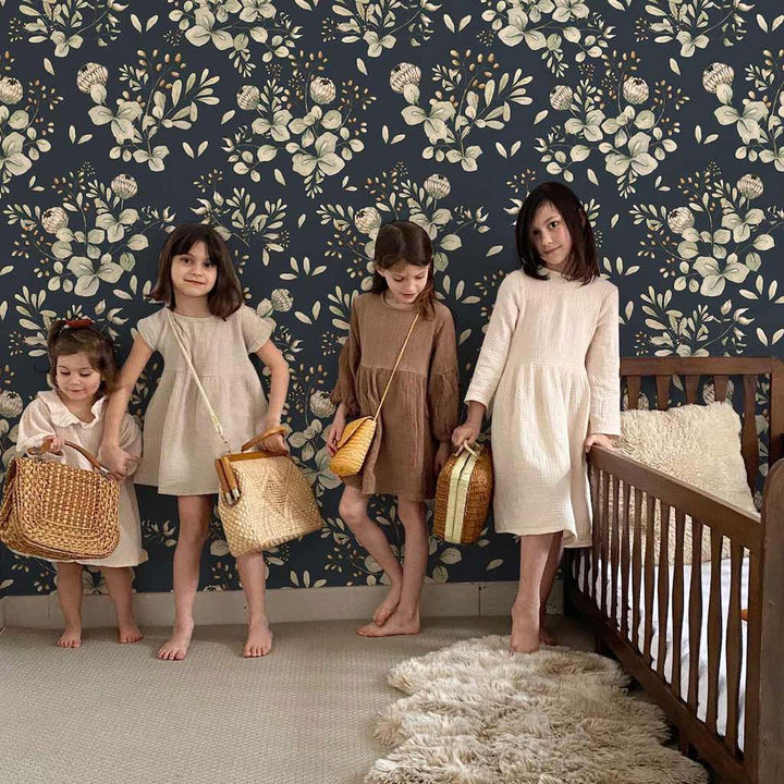 Dekornik Clover Navy Blue Wallpaper with girls in bedroom