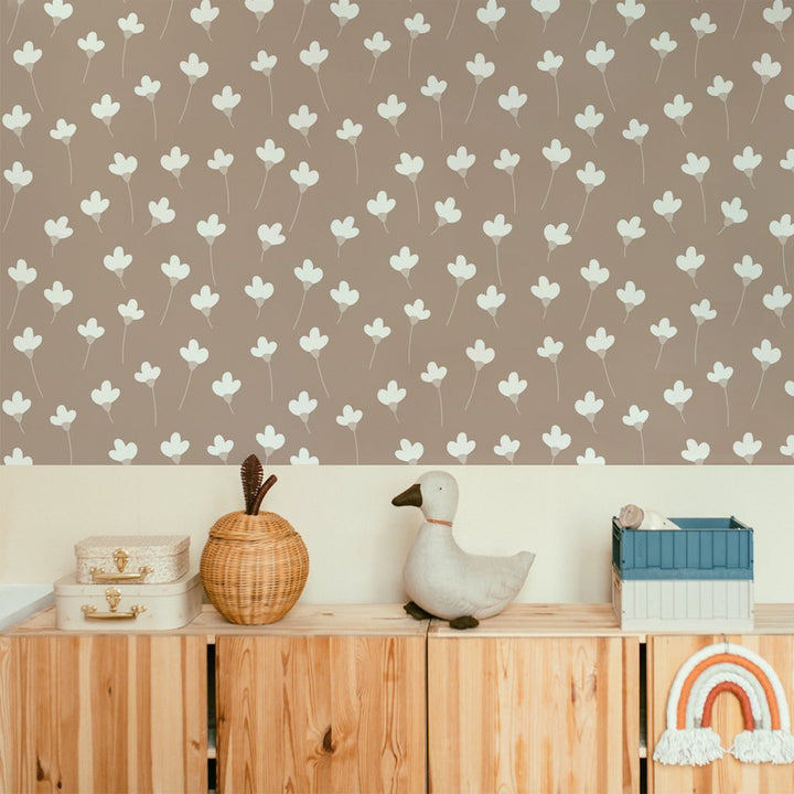 Dekornik SIMPLE Daisies On Mocha Wallpaper on bedroom wall