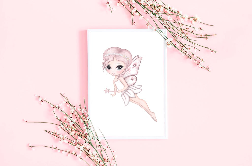 Isla Dream Prints Grace The Butterfly Fairy Flying Print on pink background