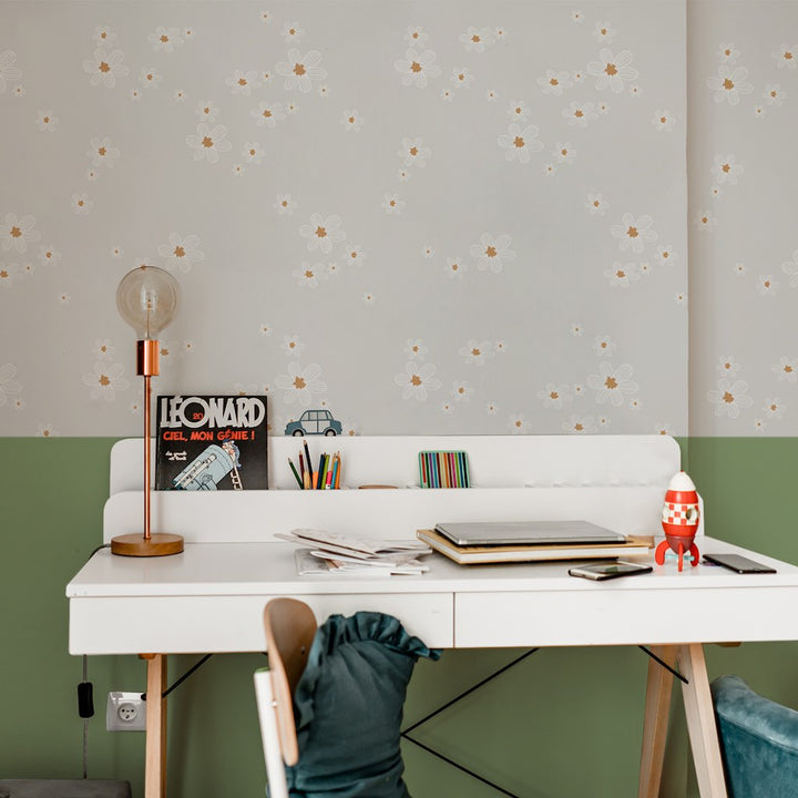 Dekornik SIMPLE Graphic Flowers On Grey Background Wallpaper on wall behind desk