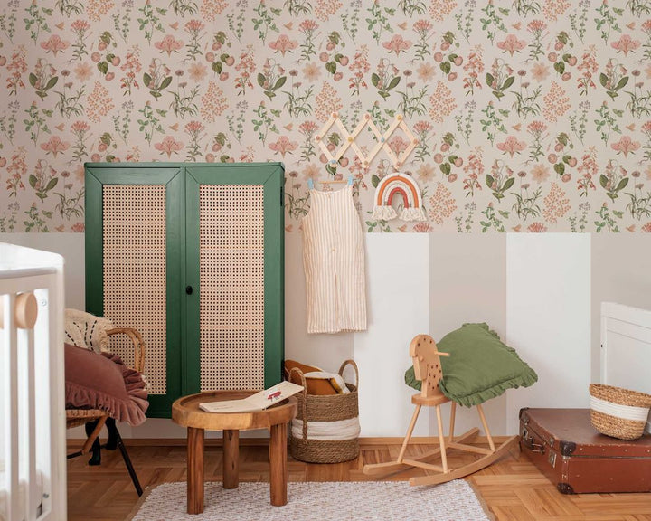 Dekornik Herbs & Flowers Wallpaper in nursery with rattan dresser and toys