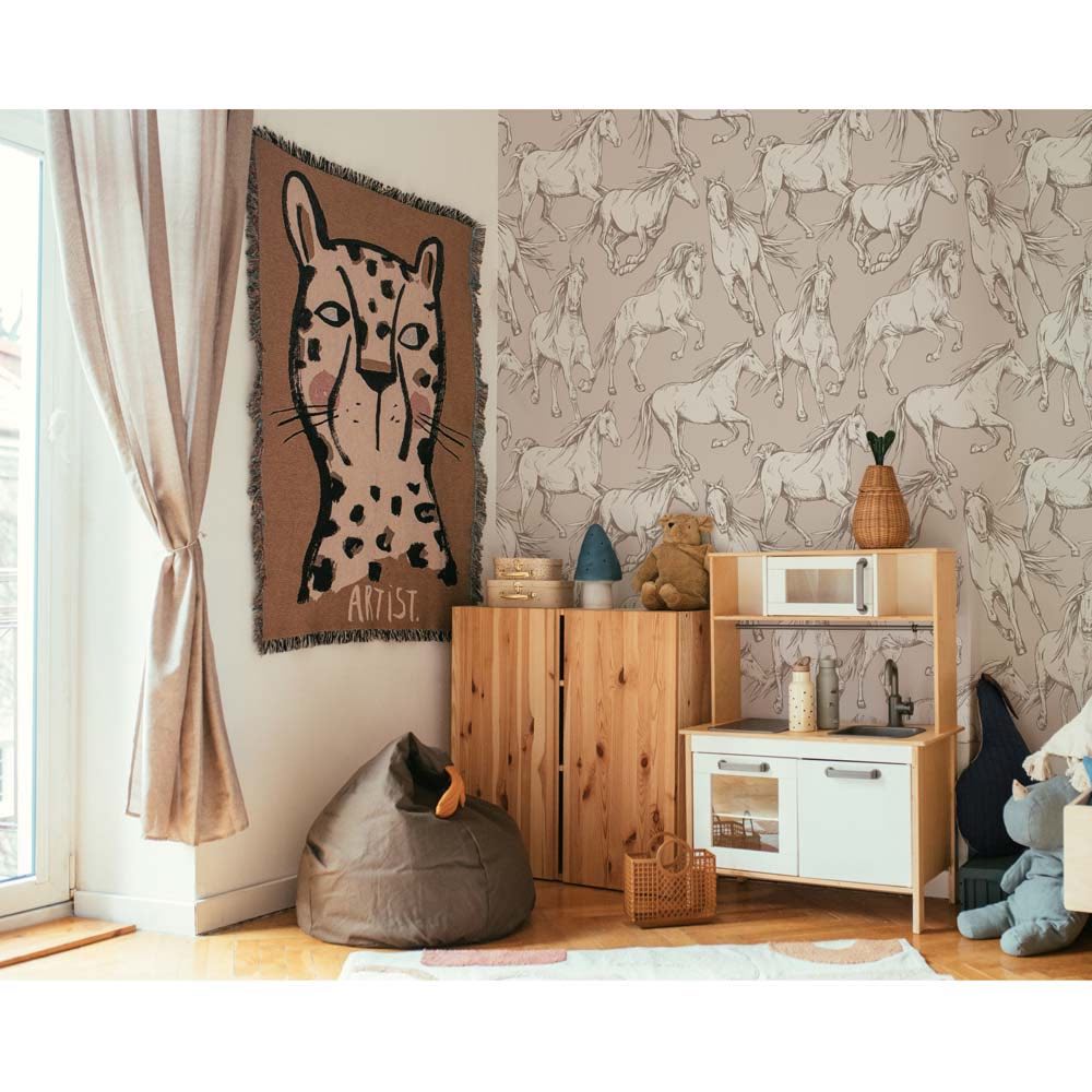 Dekornik Horses Beige Wallpaper in playroom with toys and furniture