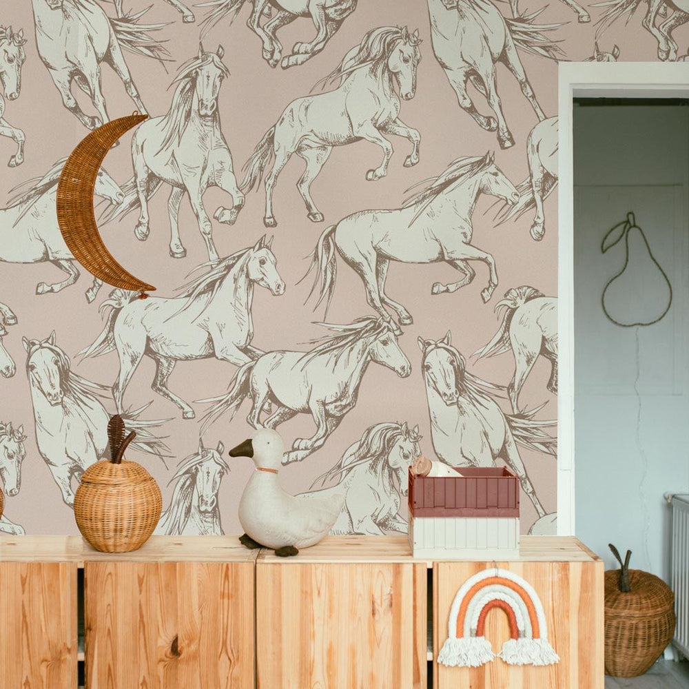 Dekornik Horses Pink Wallpaper on playroom wall above cupboards