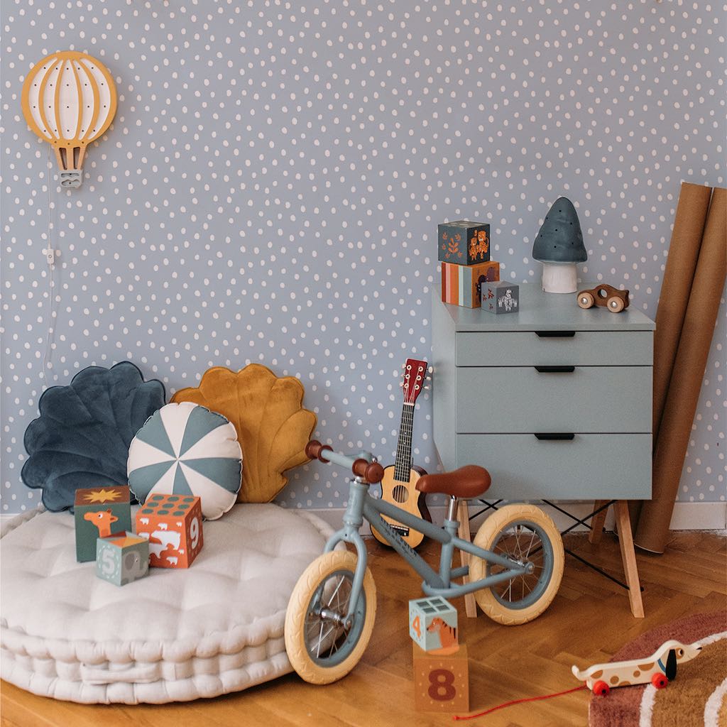 Dekornik SIMPLE Irregular Dots Light Blue Wallpaper on playroom wall