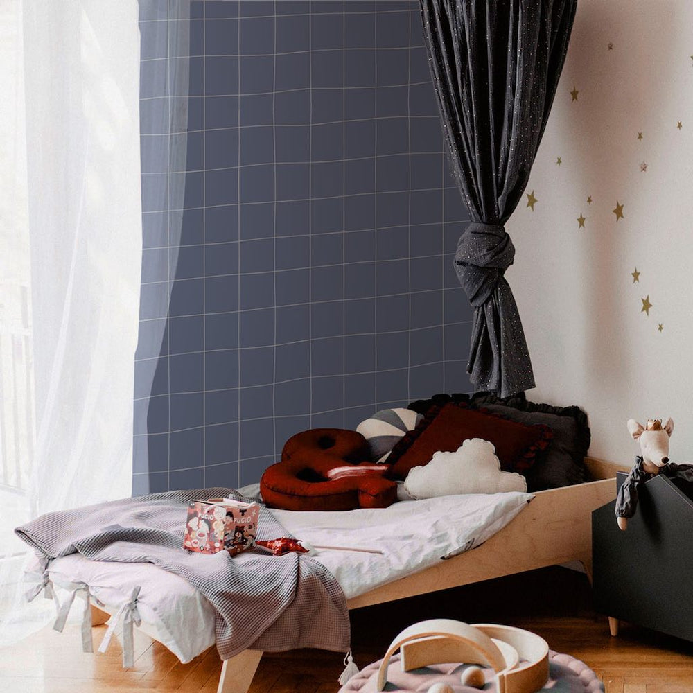 Dekornik SIMPLE Irregular Check Pattern Blue Wallpaper on bedroom accent wall