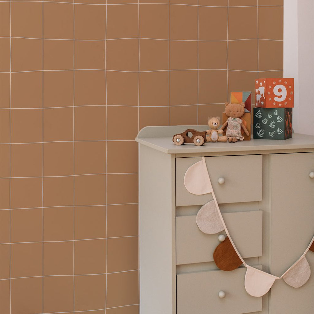 Dekornik SIMPLE Irregular Check Pattern Cinnamon Wallpaper bedroom wall behind dresser