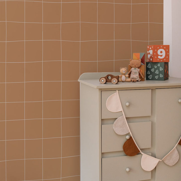 Dekornik SIMPLE Irregular Check Pattern Cinnamon Wallpaper bedroom wall behind dresser