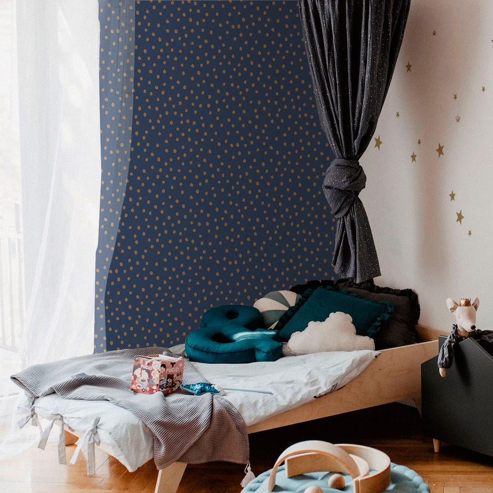 Dekornik SIMPLE Irregular Dots Navy Blue Wallpaper on bedroom accent wall