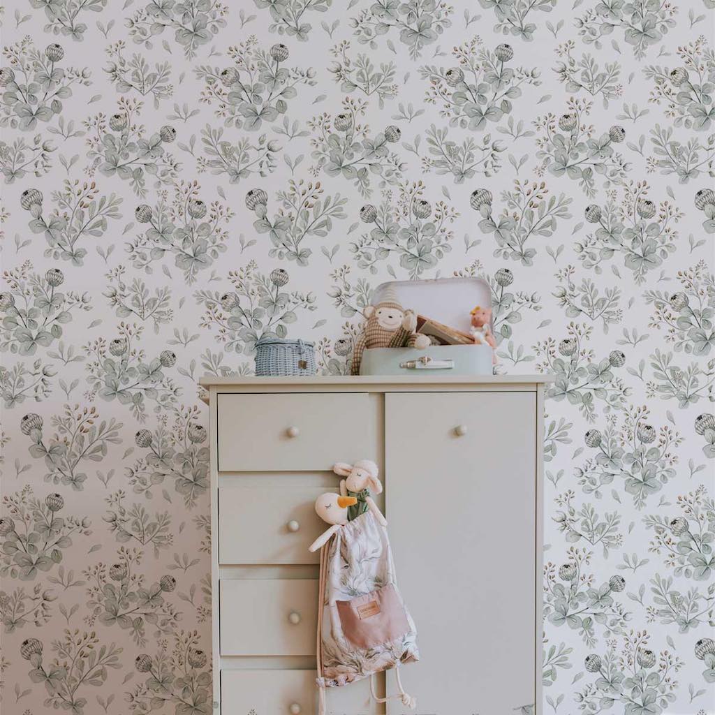 Dekornik Little Clovers Wallpaper with dresser in bedroom