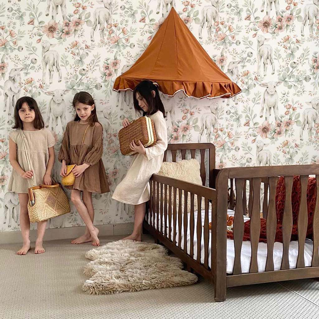 Dekornik Little Lambs Wallpaper in bedroom with girls