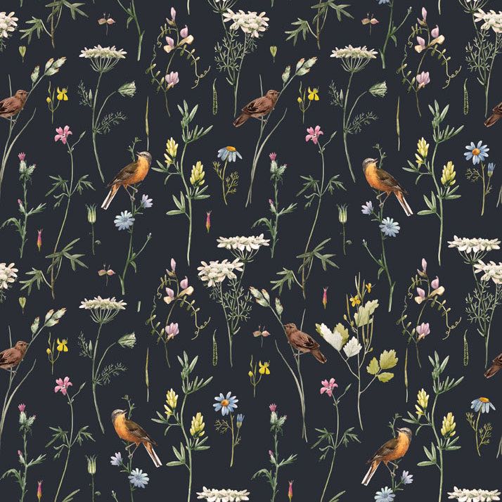 Dekornik Meadow With Birds Black Wallpaper Sample