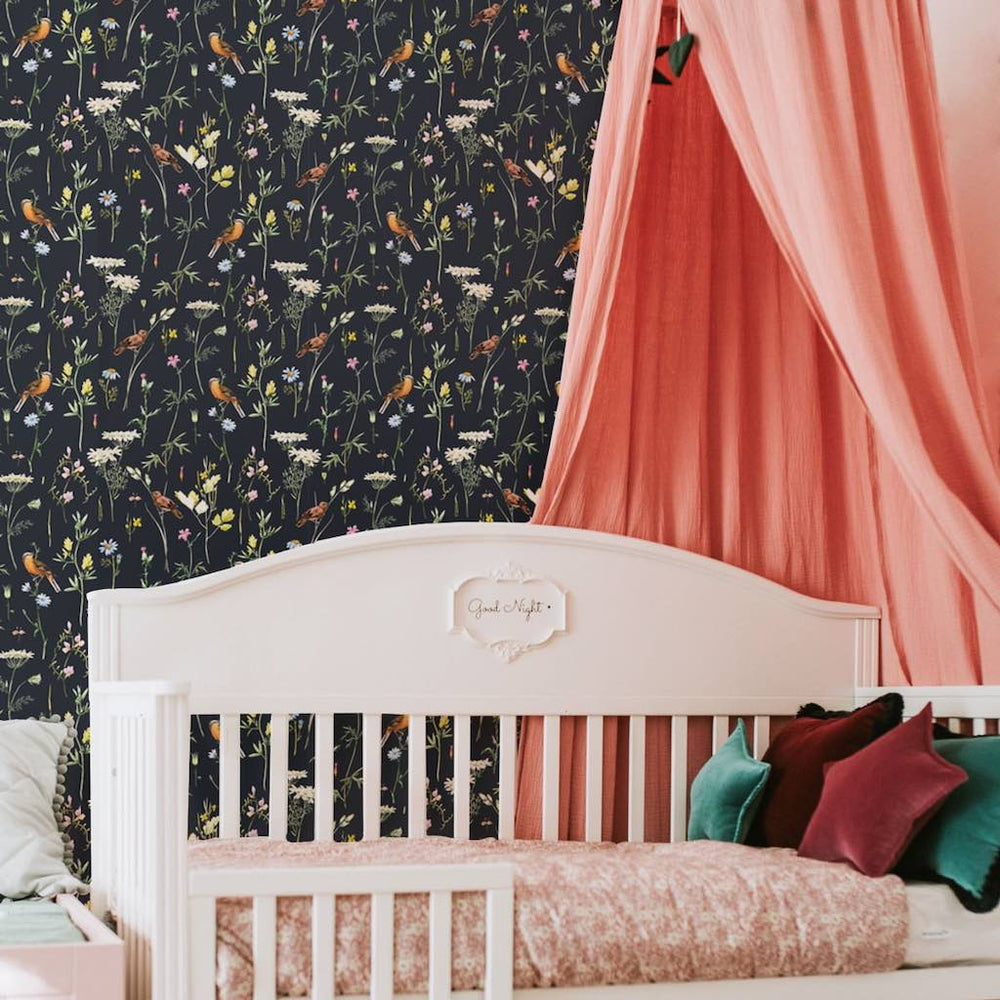 Dekornik Meadow With Birds Black Wallpaper in nursery