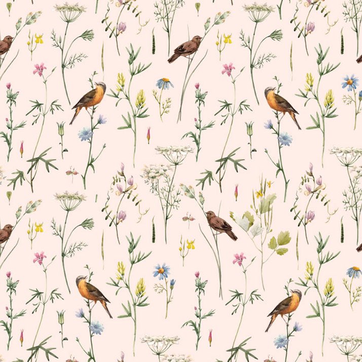Dekornik Meadow With Birds Pastel Wallpaper Sample