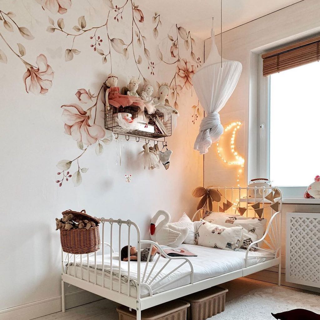 Dekornik Paradise Garden Pastel Twigs Wallpaper feature wall in bedroom