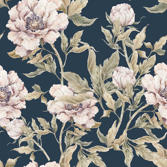 Dekornik Peonies Wallpaper Sample - Navy Blue