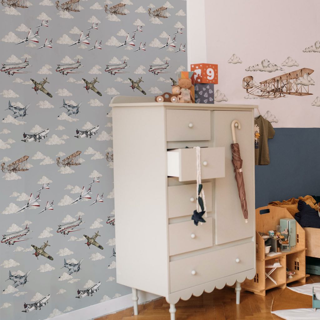 Dekornik Planes Colour Wallpaper on bedroom wall