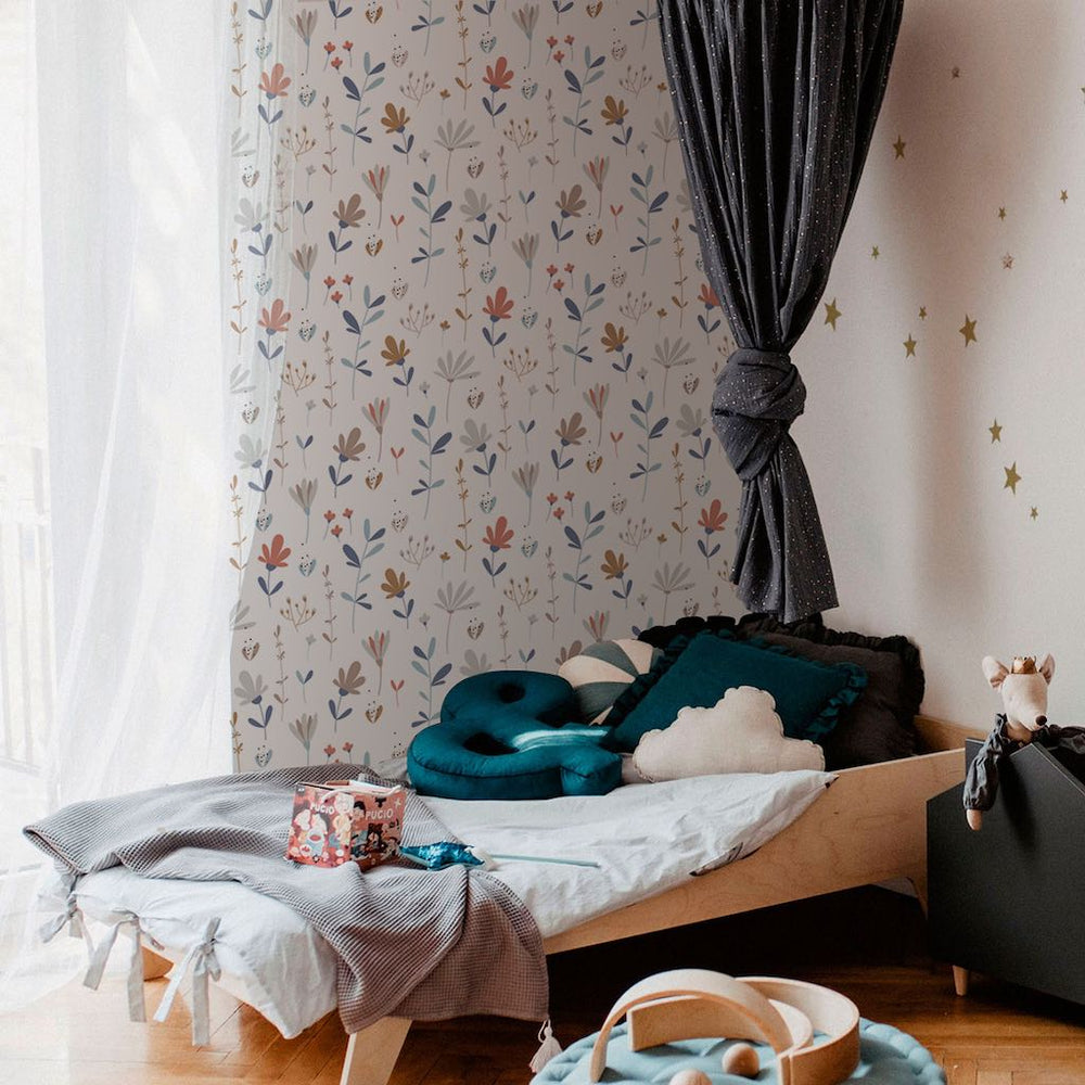 Dekornik SIMPLE Scandinavian Winter Meadow Wallpaper on bedroom accent wall